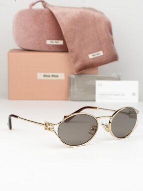 Miu Miu Women Sunglasses LOGO Pale Gold Grey Oval MU52YS ZVN80Q NEW AUTHENTIC